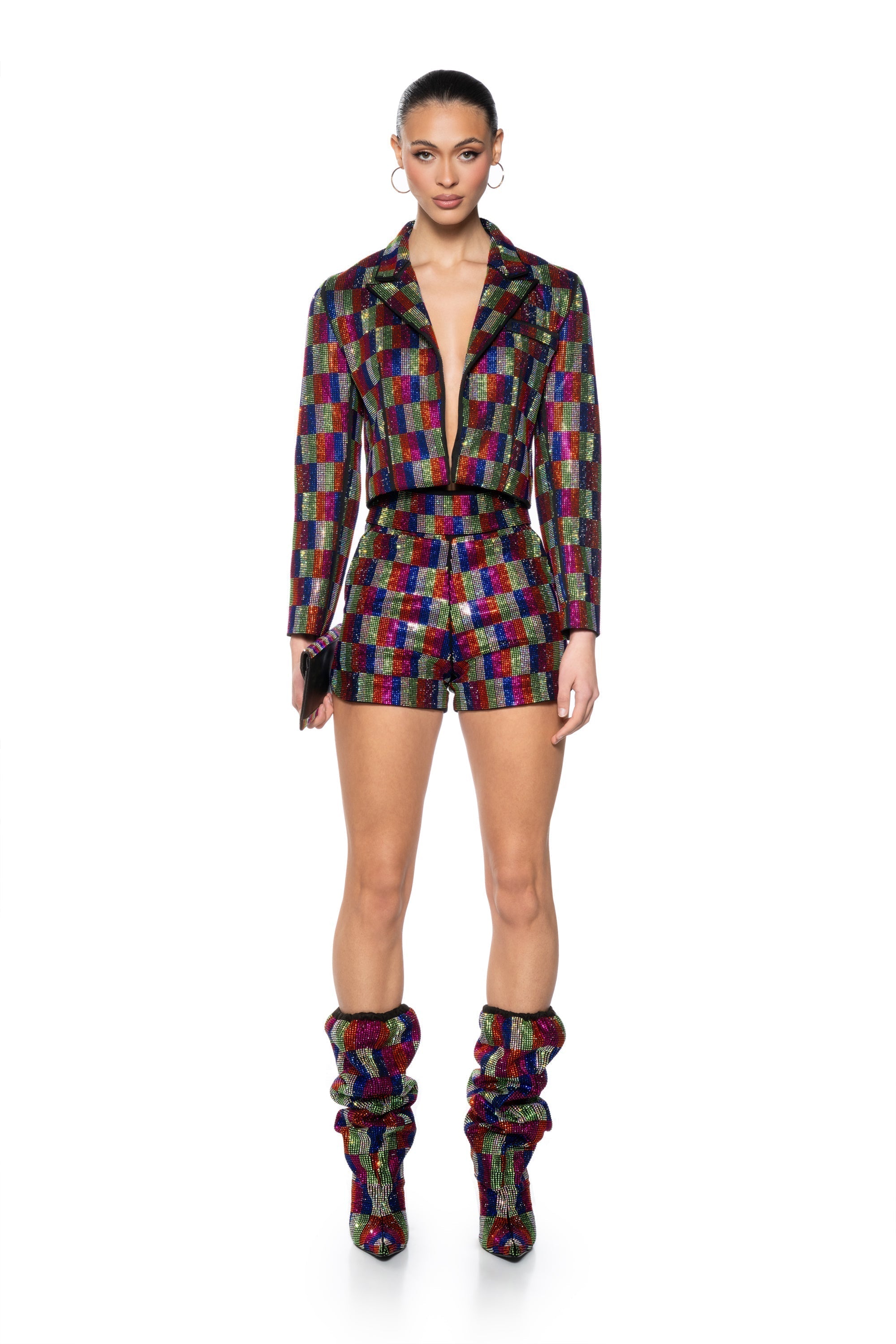 POP STAR RECTANGLE PRINT RHINESTONE HOT SHORT